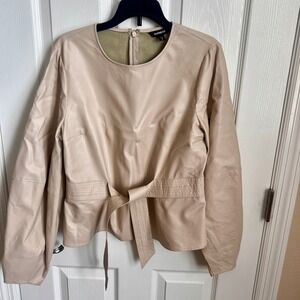 Express Faux Leather Long Sleeve Tie Waist Peplum Blouse Top‎ Beige XS